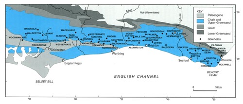 Location map, showing basic geology and public water supply boreholes